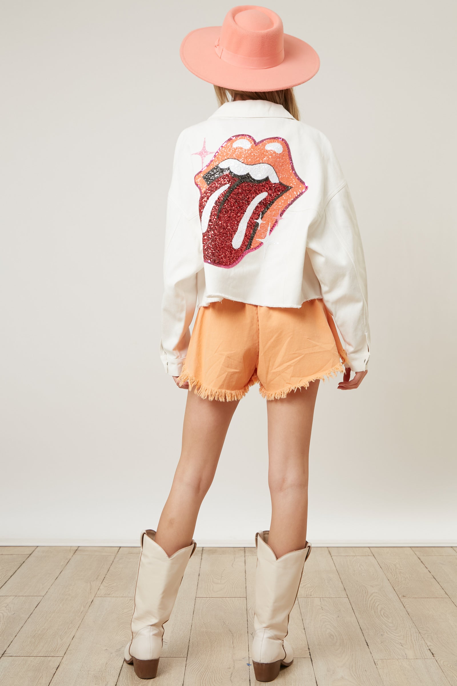 The Rolling Stones Sequin Patch Tongue Cropped Jacket