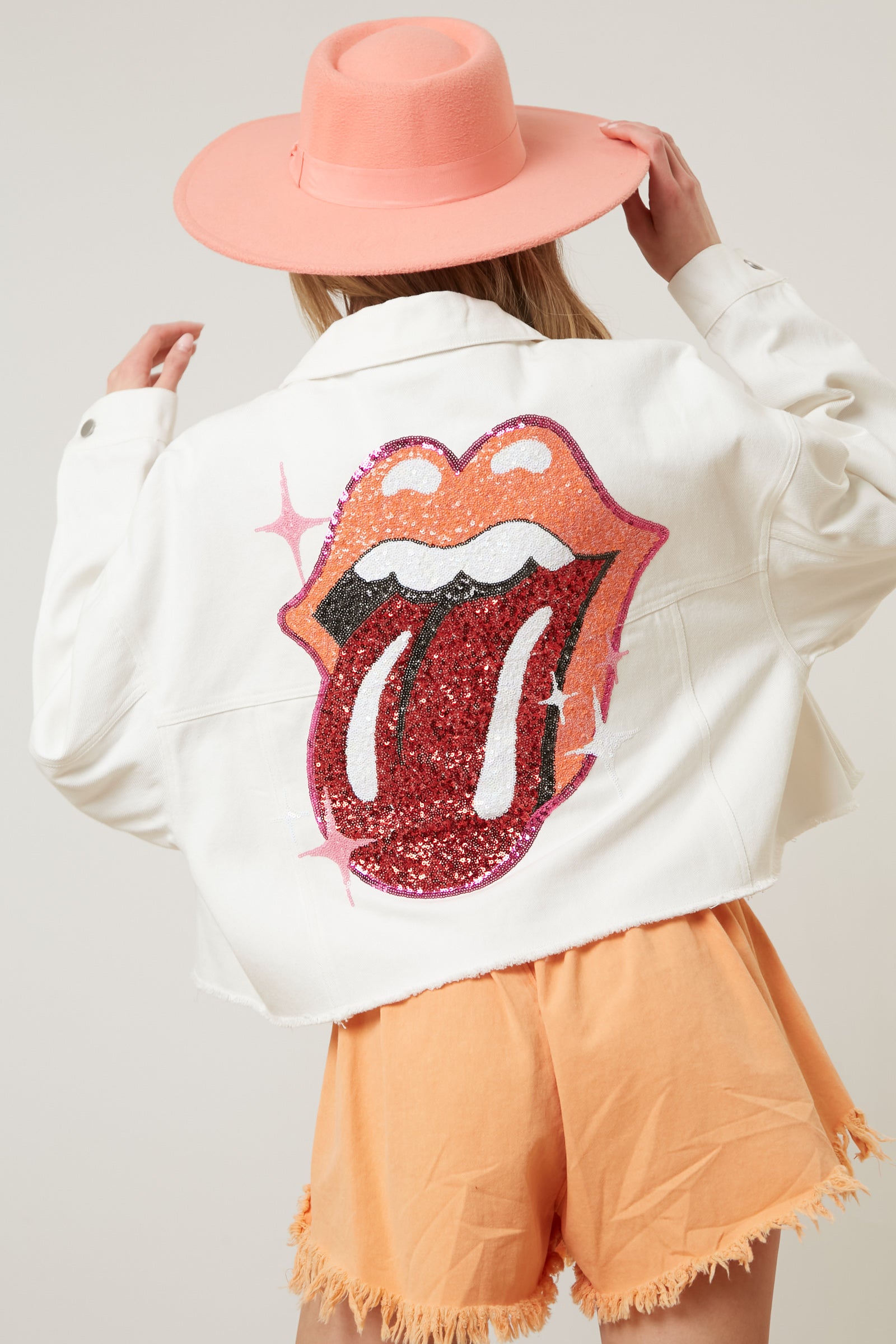 The Rolling Stones Sequin Patch Tongue Cropped Jacket