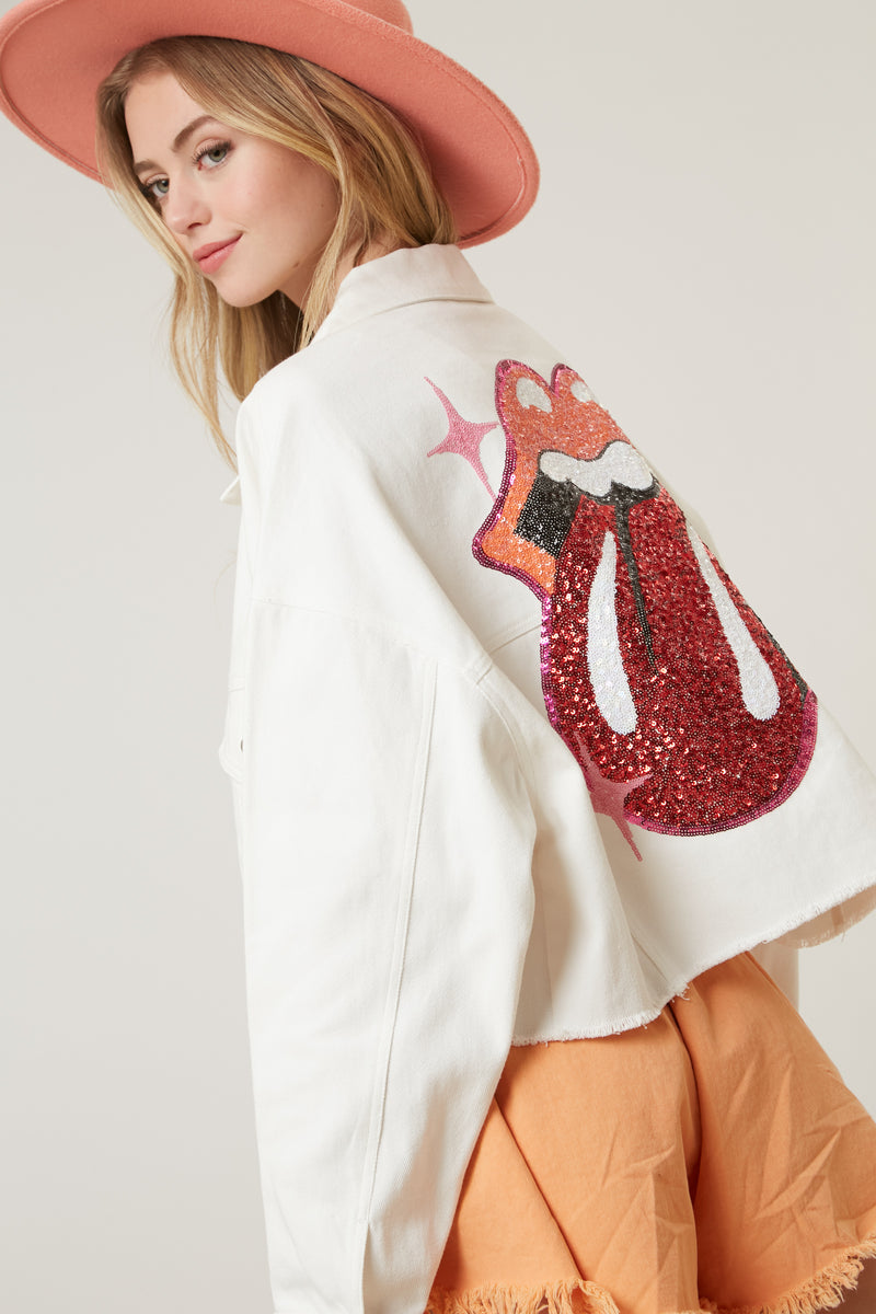 The Rolling Stones Sequin Patch Tongue Cropped Jacket