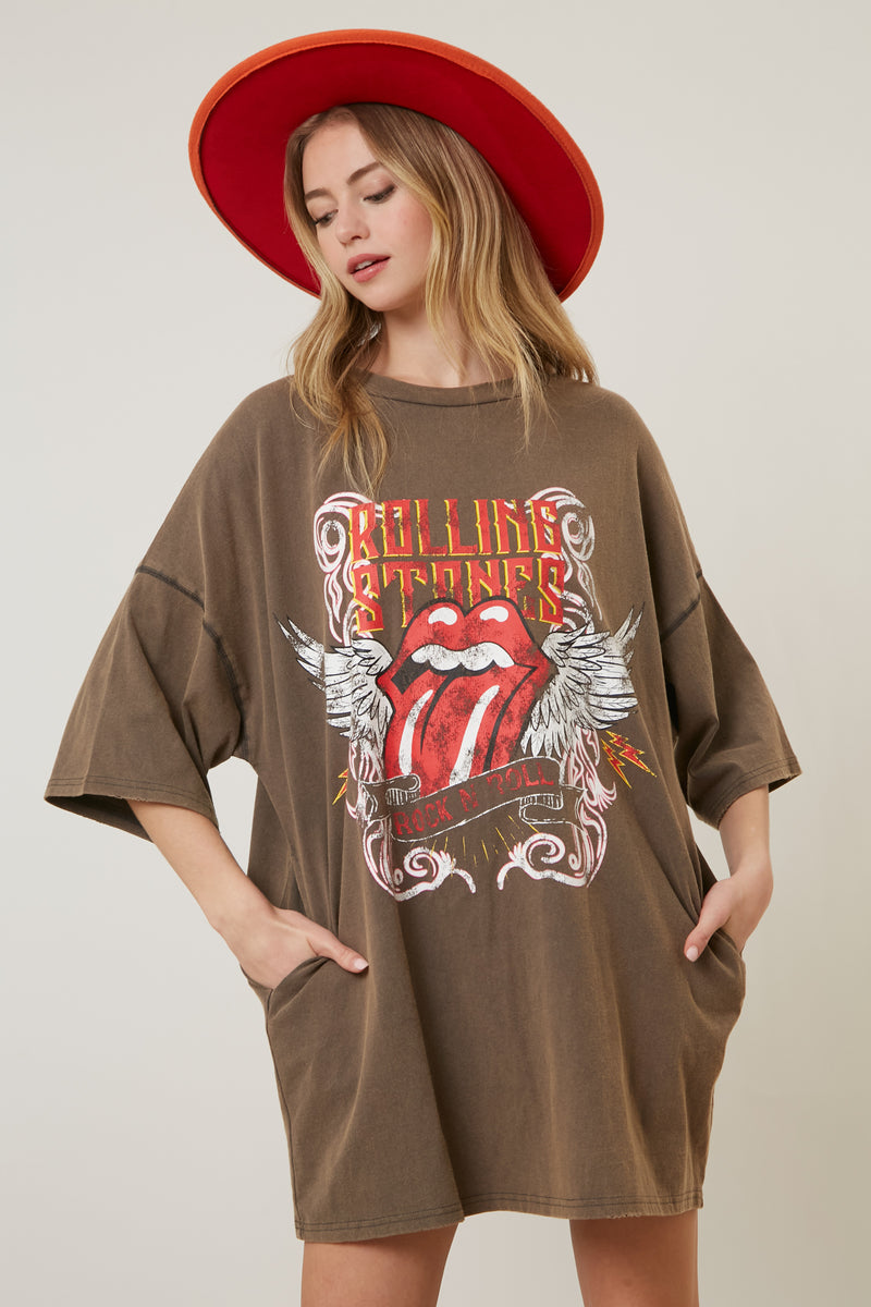 The Rolling Stones Rock N Roll Graphic Print T-Shirt Dress