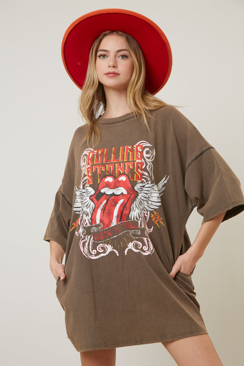 The Rolling Stones Rock N Roll Graphic Print T-Shirt Dress