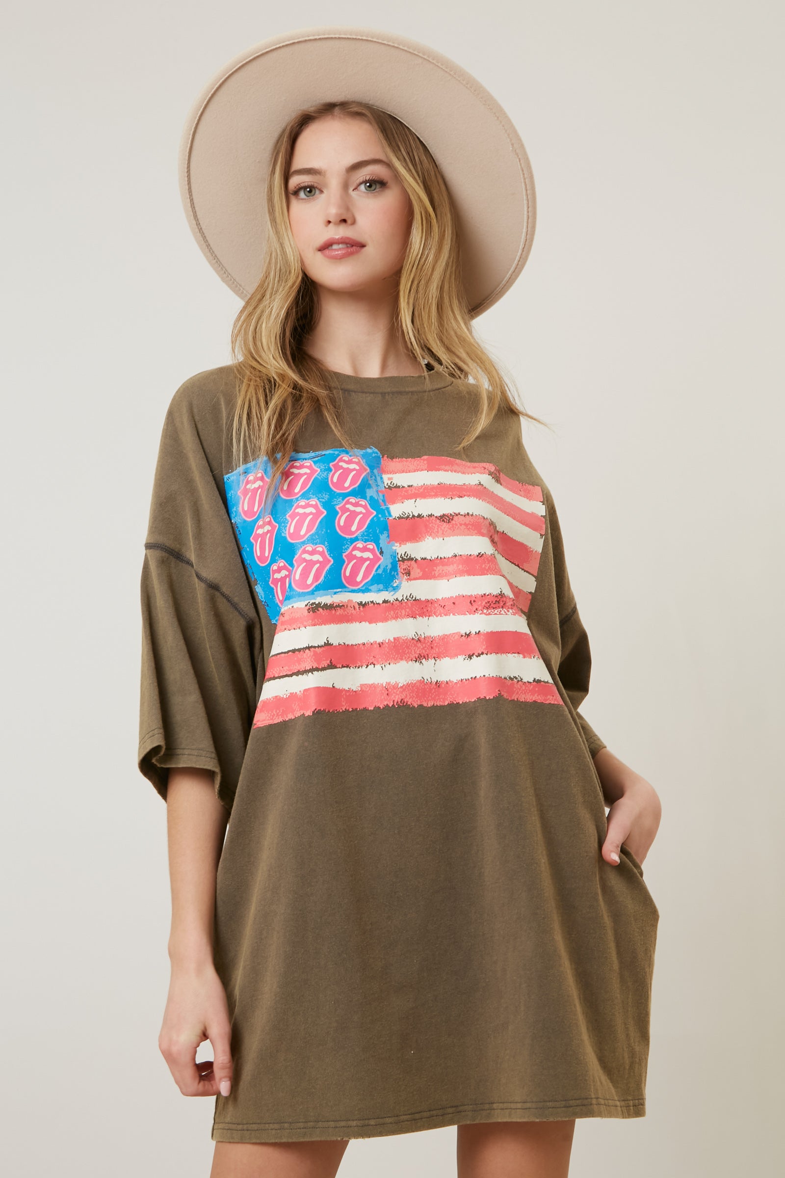 The Rolling Stones USA Flag Mini Tongue Graphic Print T-Shirt Dress