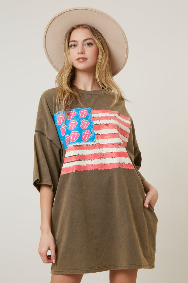 The Rolling Stones USA Flag Mini Tongue Graphic Print T-Shirt Dress