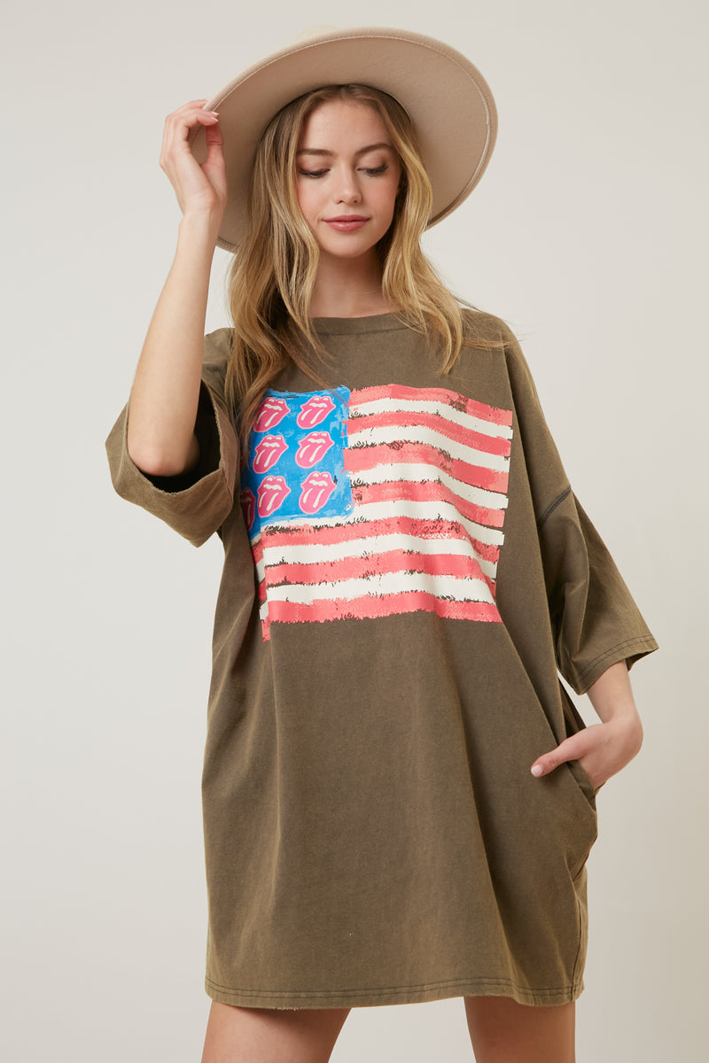 The Rolling Stones USA Flag Mini Tongue Graphic Print T-Shirt Dress