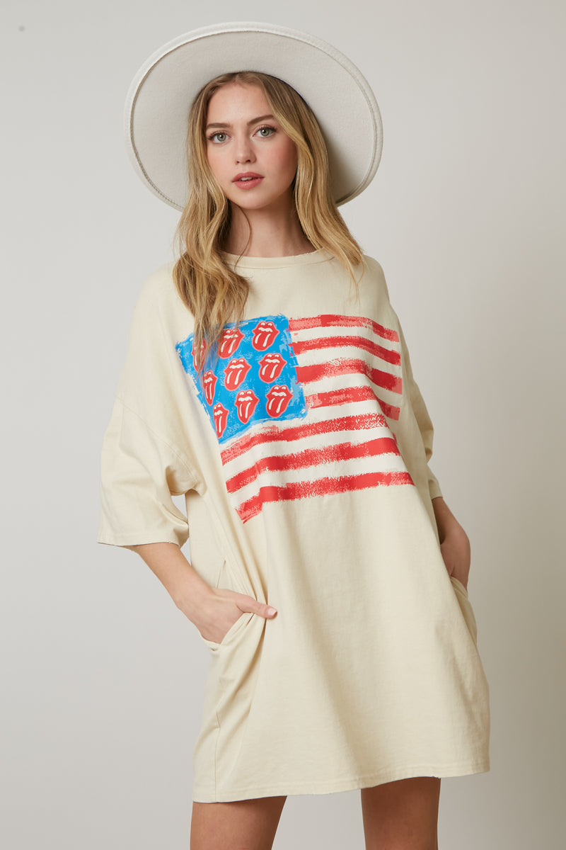 The Rolling Stones USA Flag Mini Tongue Graphic Print T-Shirt Dress