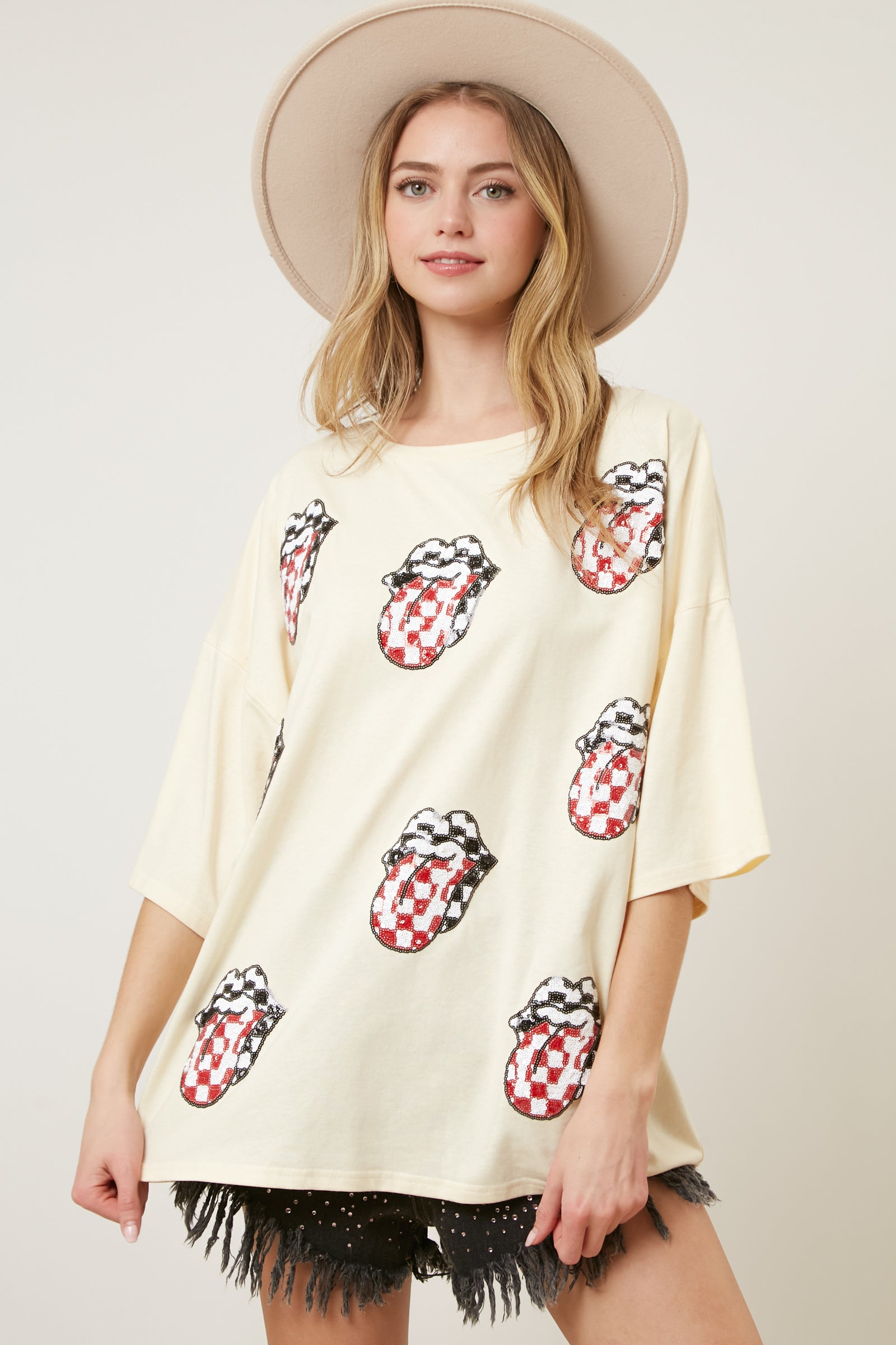 The Rolling Stones Sequin Multi-Patch Checkered Tongue Graphic Tee