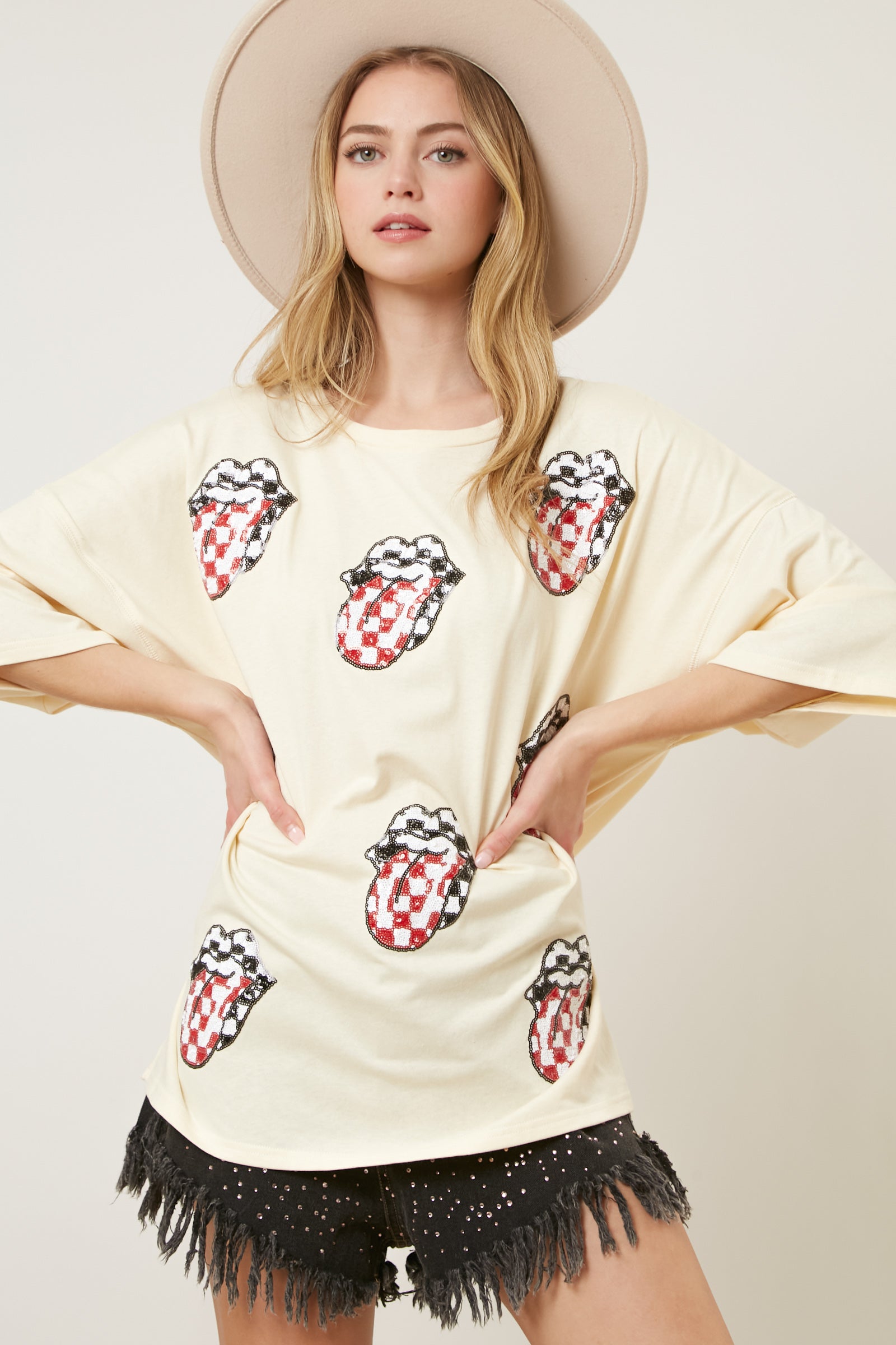 The Rolling Stones Sequin Multi-Patch Checkered Tongue Graphic Tee