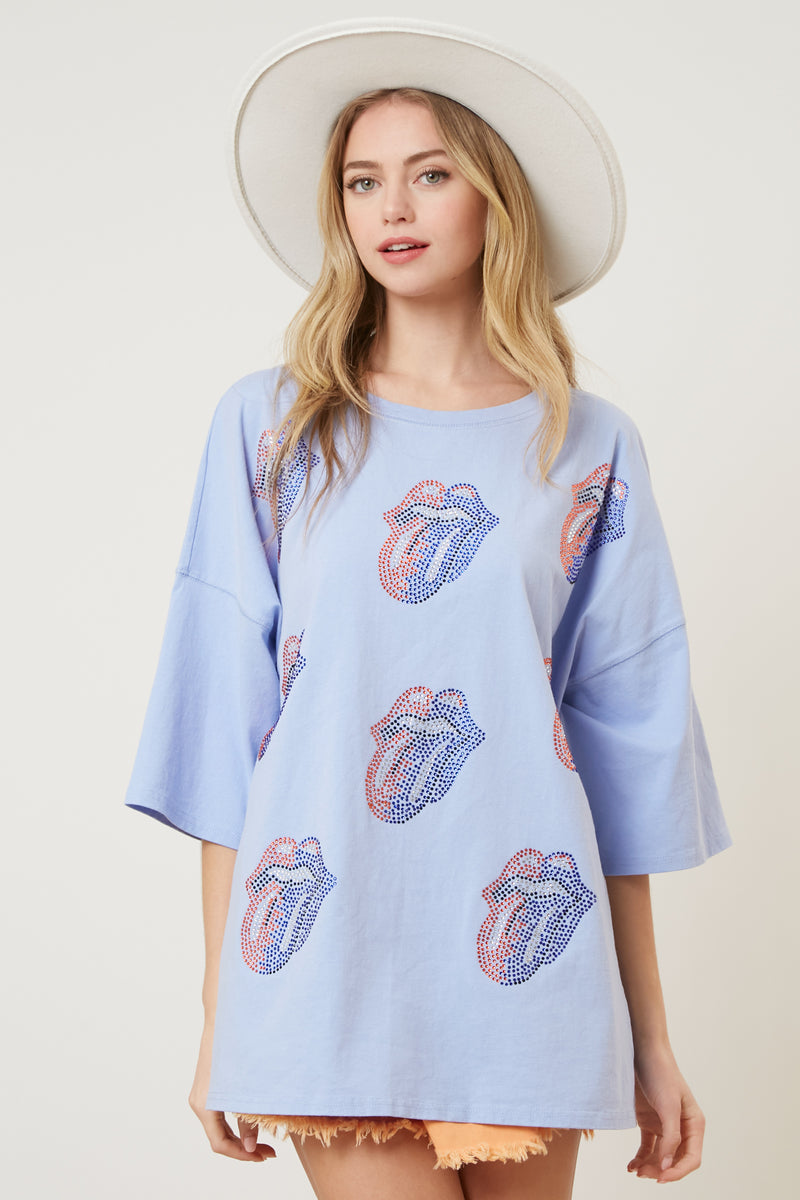 The Rolling Stones Rhinestone Patch Steel Tongue Graphic Tee