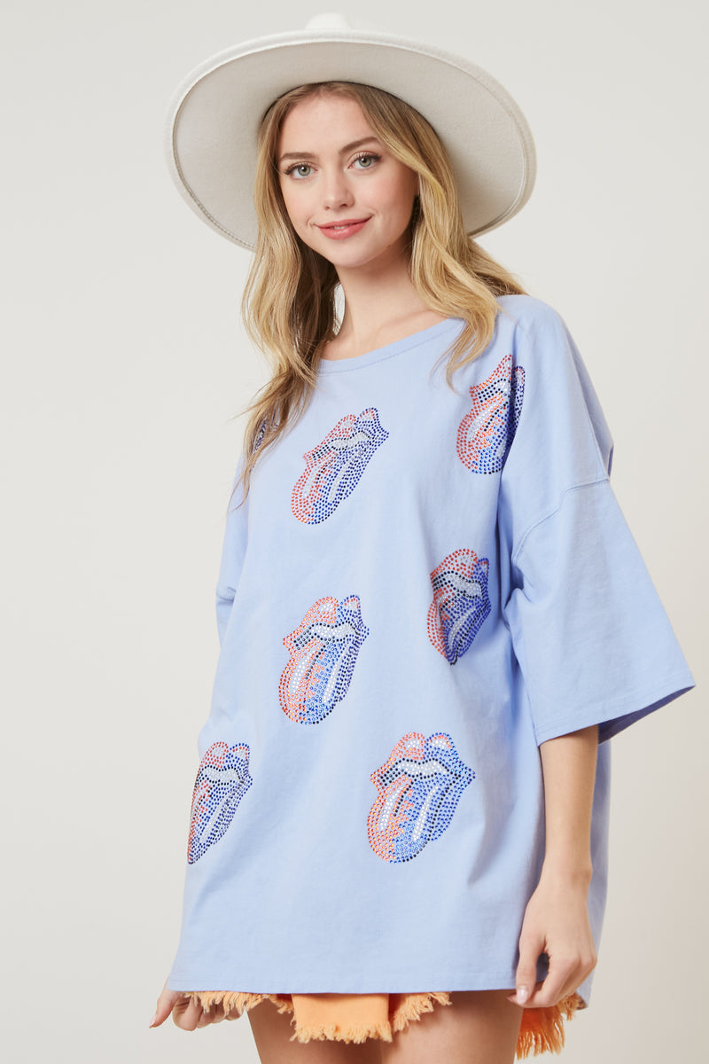 The Rolling Stones Rhinestone Patch Steel Tongue Graphic Tee