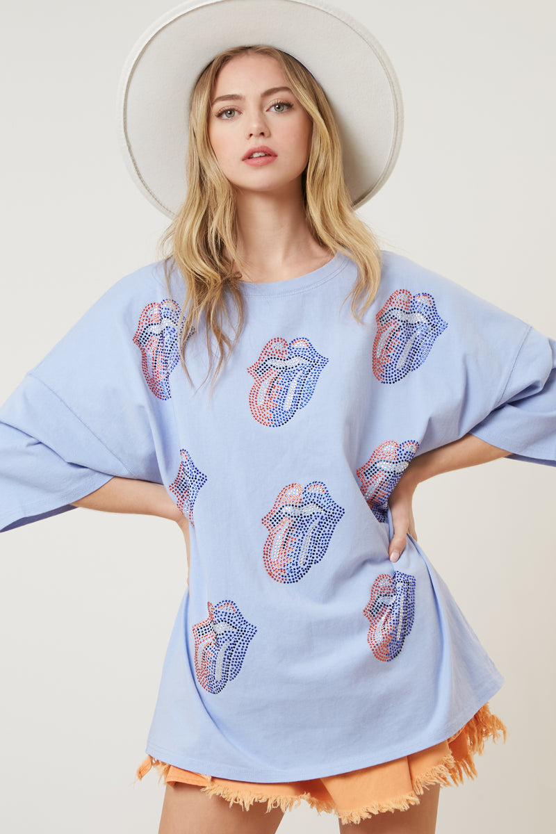 The Rolling Stones Rhinestone Patch Steel Tongue Graphic Tee