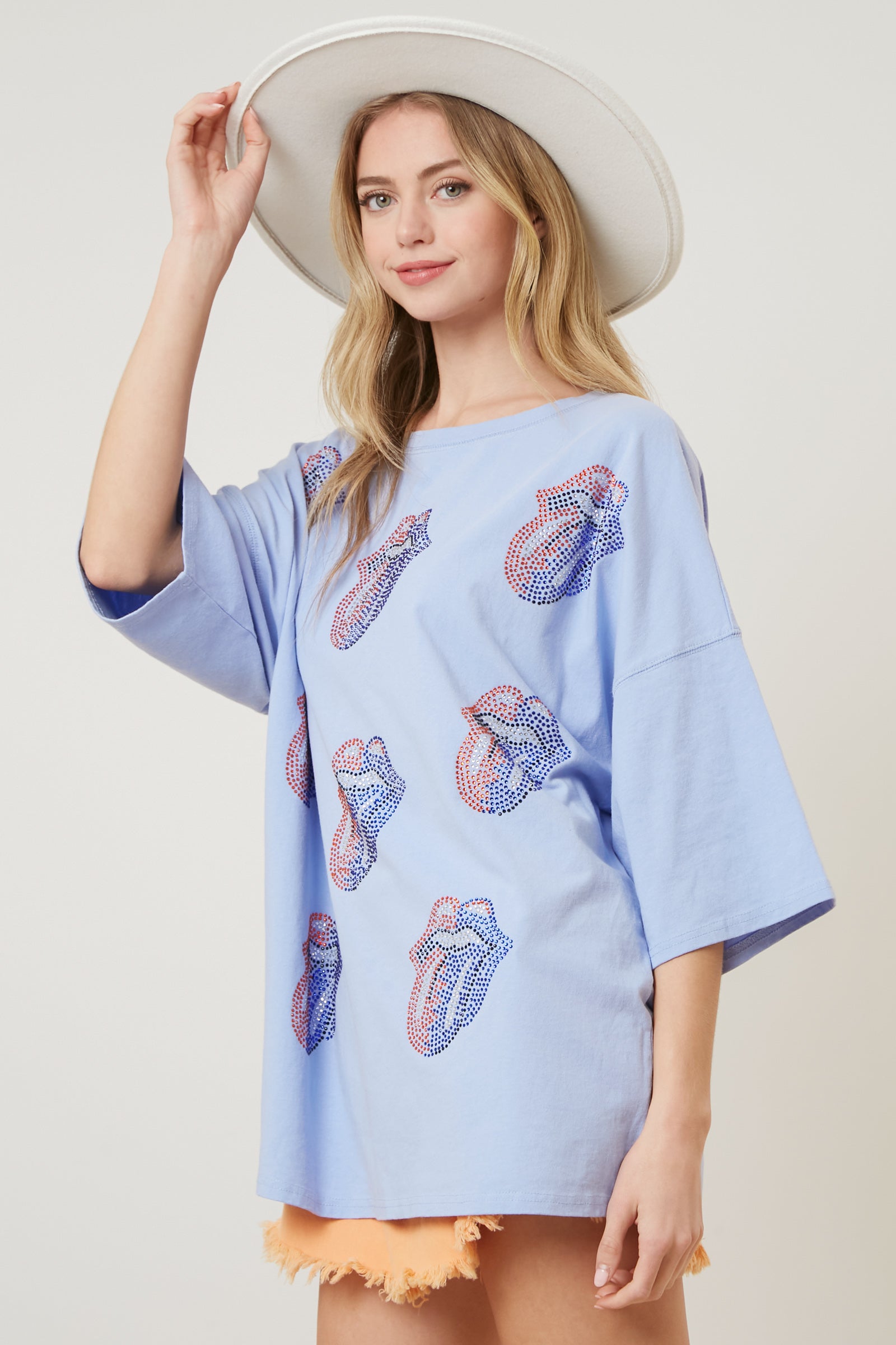 The Rolling Stones Rhinestone Patch Steel Tongue Graphic Tee