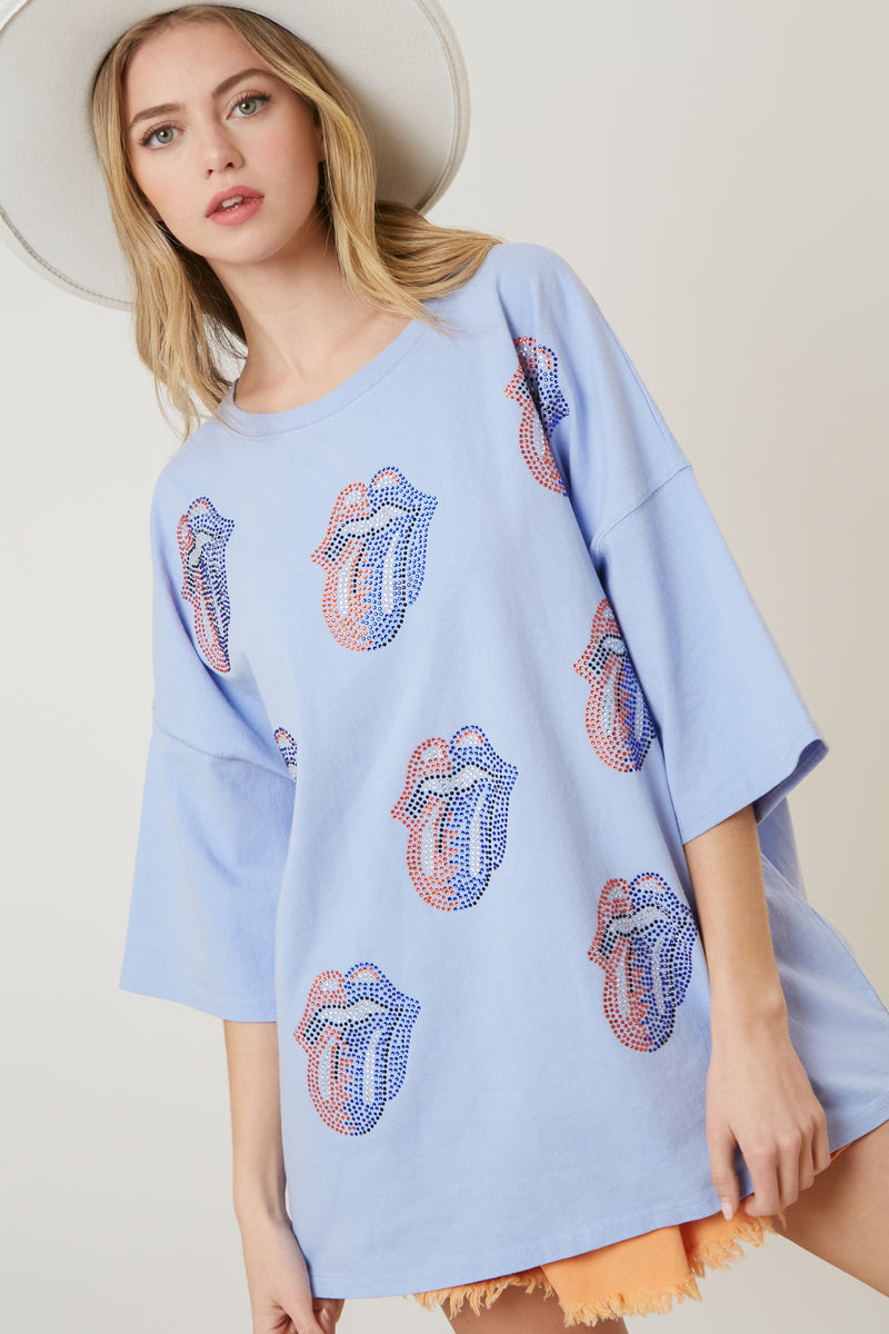 The Rolling Stones Rhinestone Patch Steel Tongue Graphic Tee