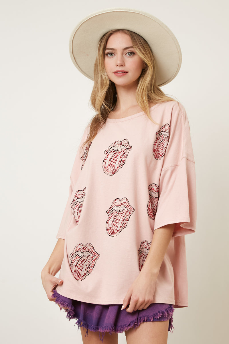 The Rolling Stones Rhinestone Multi-Patch Tongue Graphic Tee