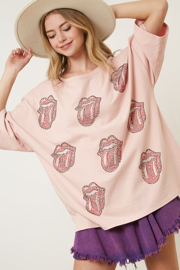 The Rolling Stones Rhinestone Multi-Patch Tongue Graphic Tee