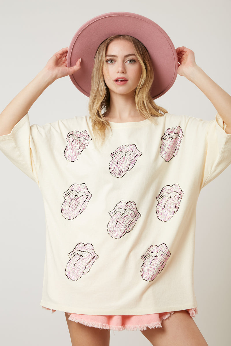 The Rolling Stones Rhinestone Multi-Patch Tongue Graphic Tee