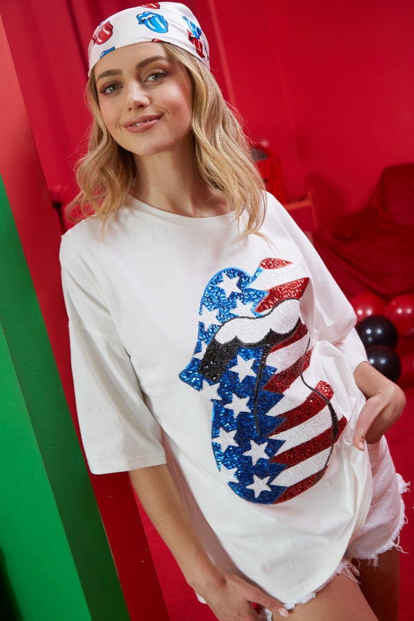 The Rolling Stones Sequin USA Flag Steel Tongue Graphic Tee