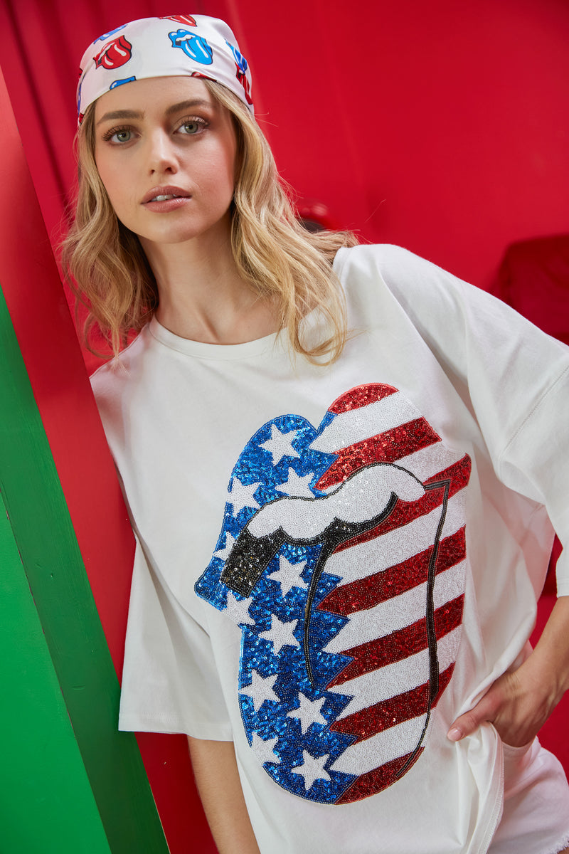 The Rolling Stones Sequin USA Flag Steel Tongue Graphic Tee