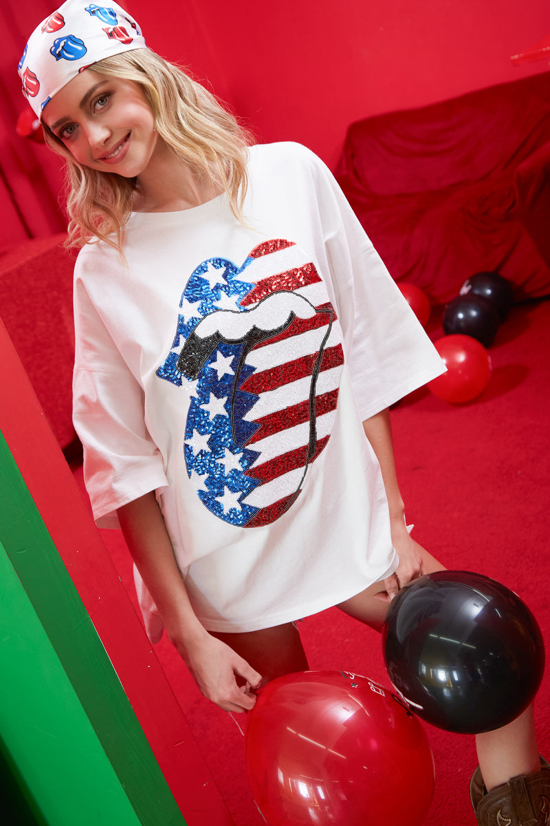 The Rolling Stones Sequin USA Flag Steel Tongue Graphic Tee