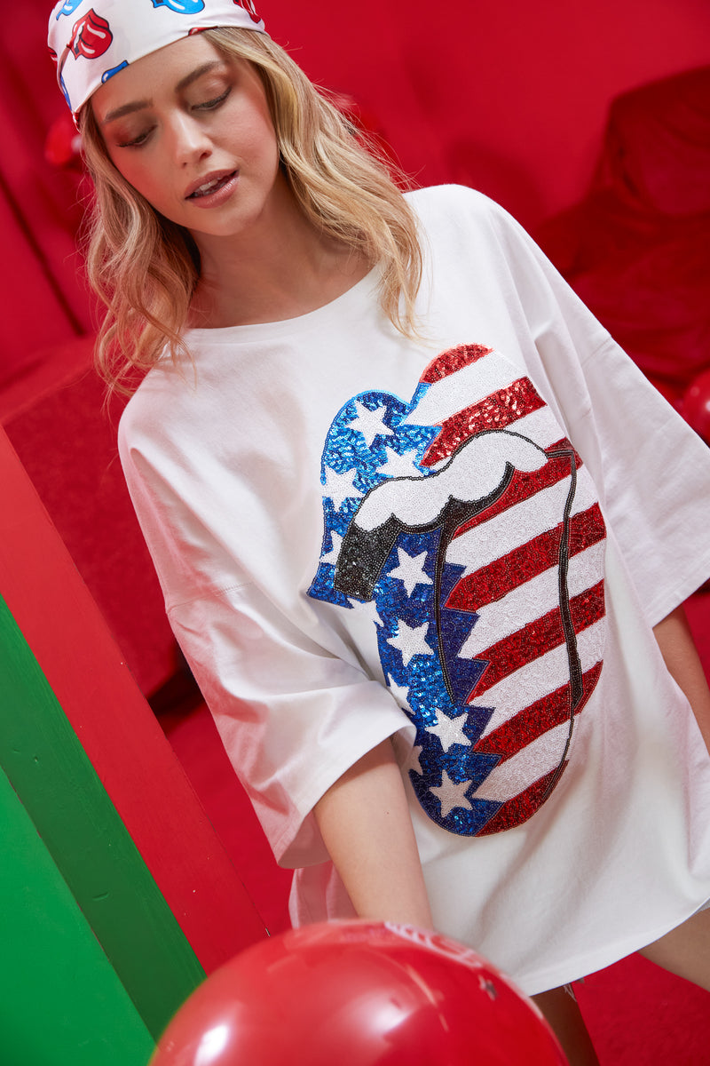 The Rolling Stones Sequin USA Flag Steel Tongue Graphic Tee