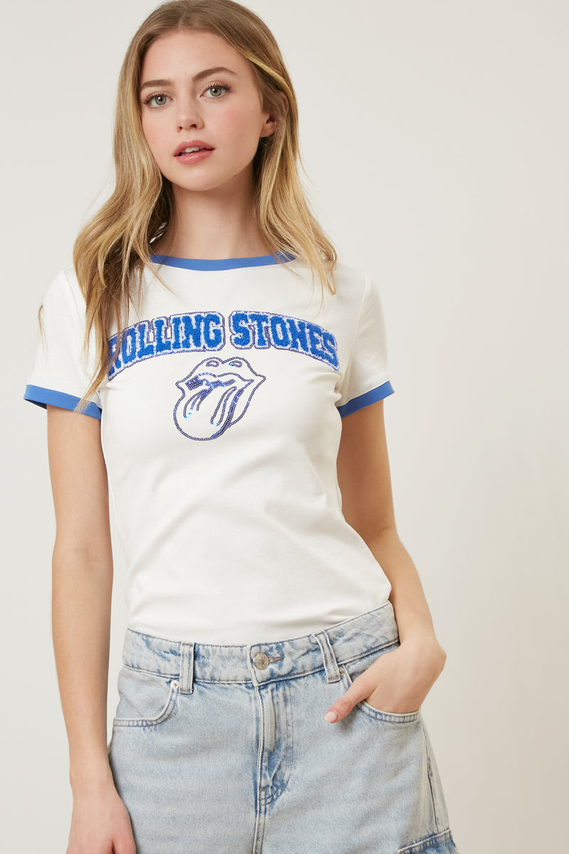 The Rolling Stones Chenille Patch Tongue Outline Fitted Ringer Tee