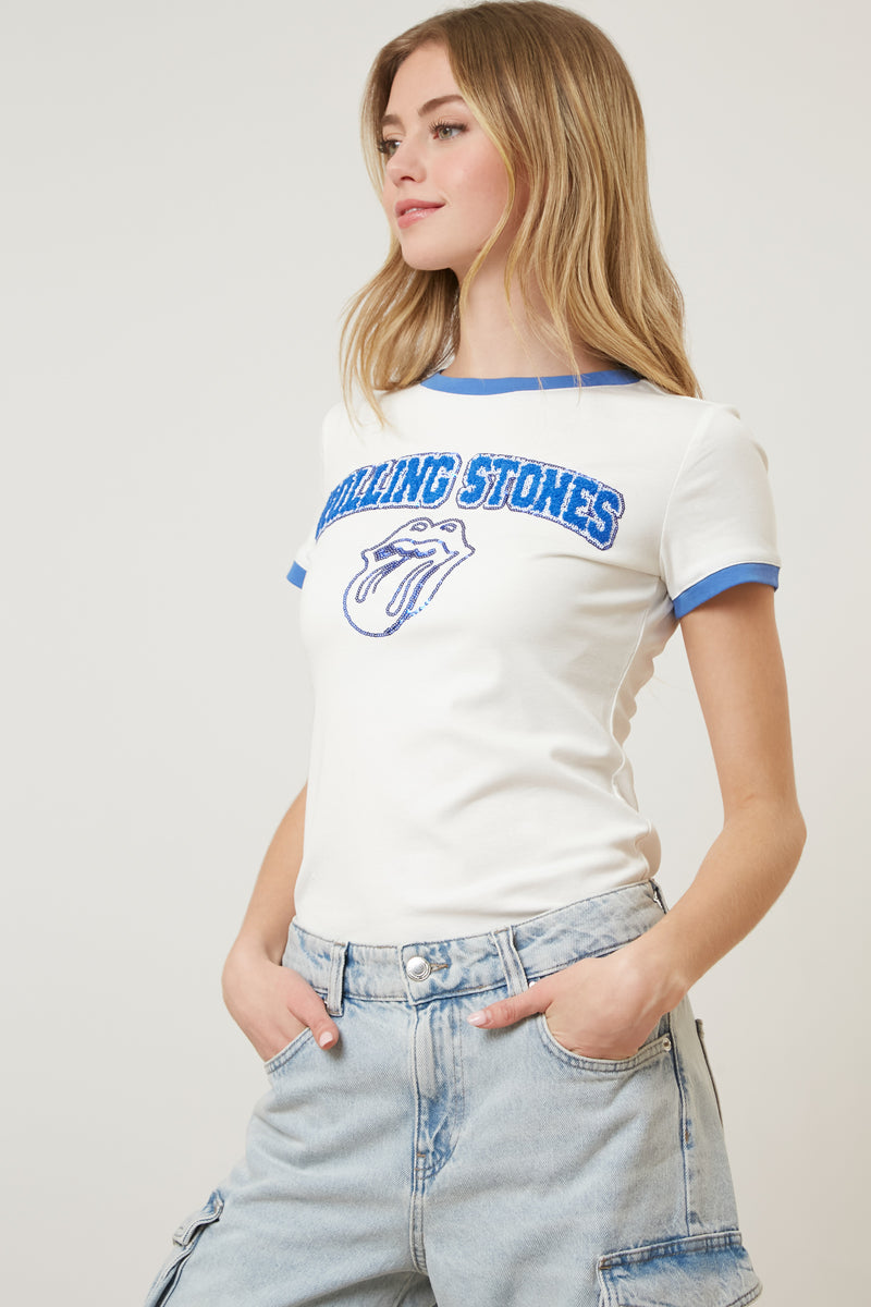 The Rolling Stones Chenille Patch Tongue Outline Fitted Ringer Tee