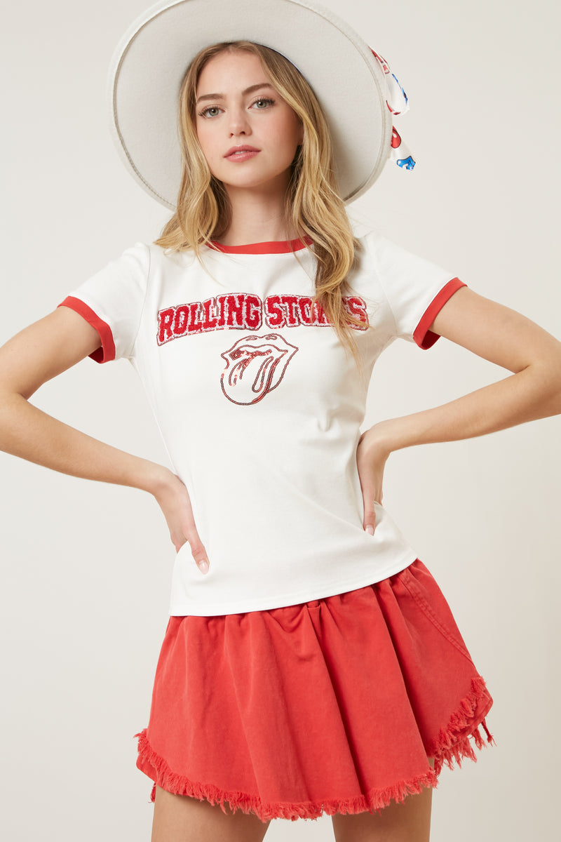 The Rolling Stones Chenille Patch Tongue Outline Fitted Ringer Tee