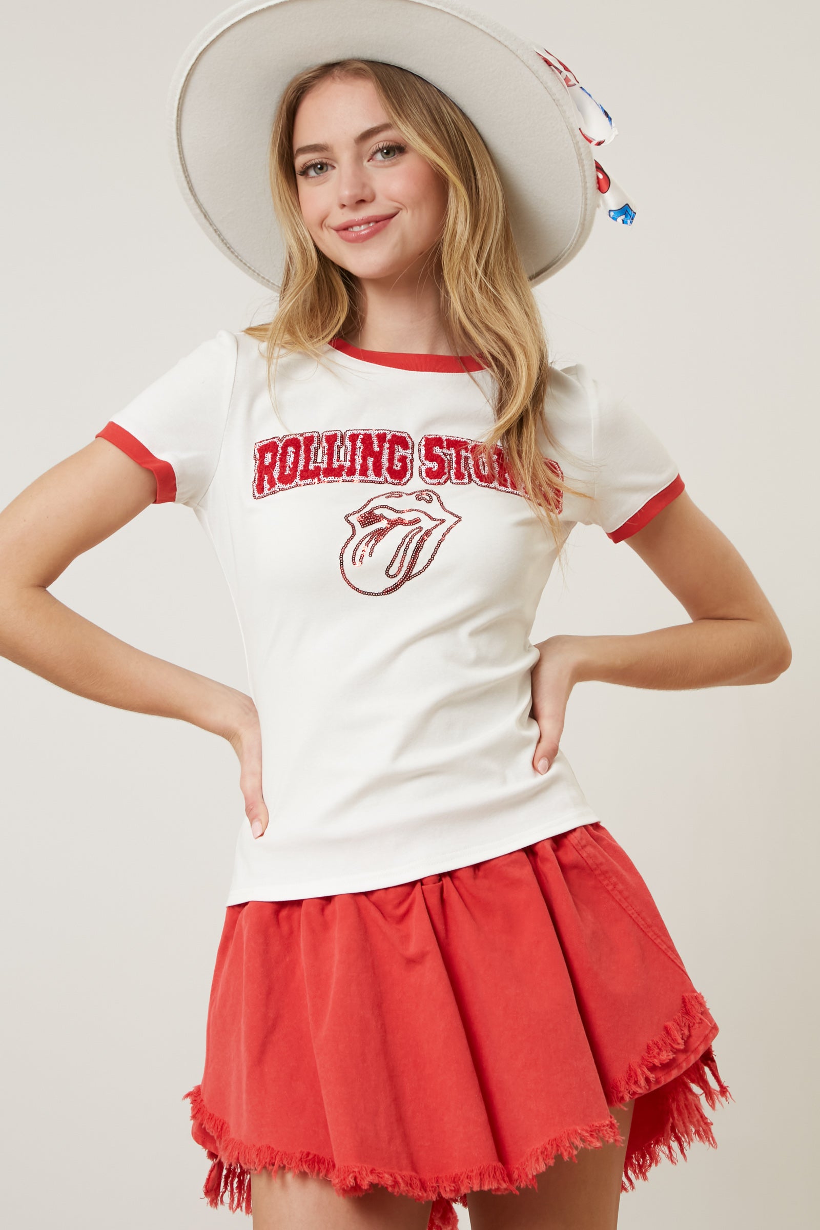 The Rolling Stones Chenille Patch Tongue Outline Fitted Ringer Tee