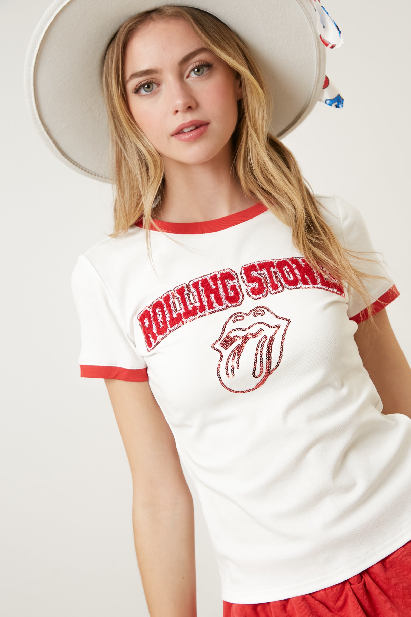 The Rolling Stones Chenille Patch Tongue Outline Fitted Ringer Tee