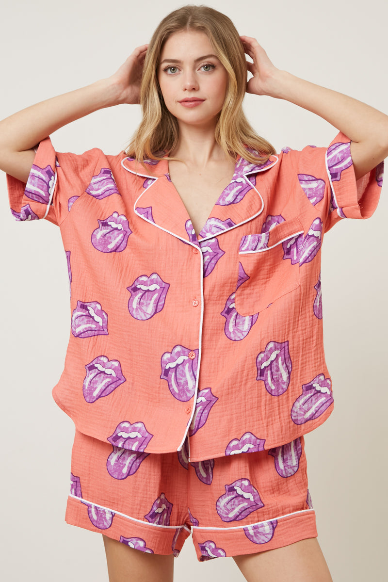 The Rolling Stones Allover Graphic Tongue Pajama Set