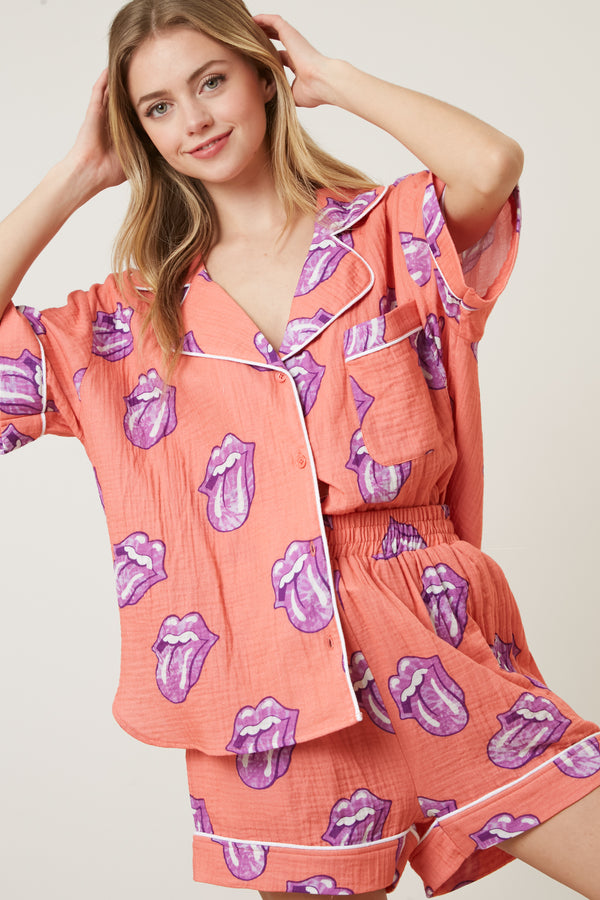 The Rolling Stones Allover Graphic Tongue Pajama Set