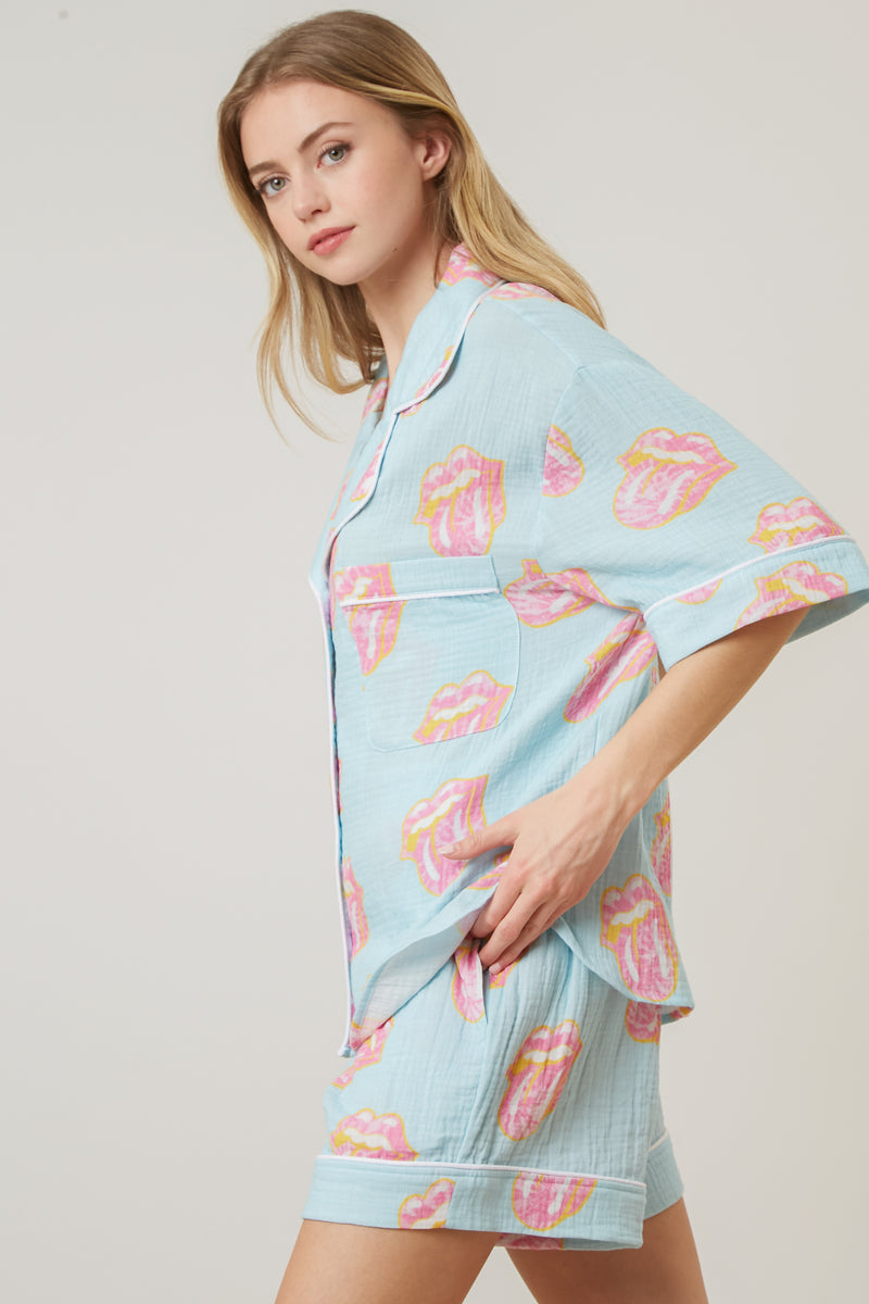 The Rolling Stones Allover Graphic Tongue Pajama Set