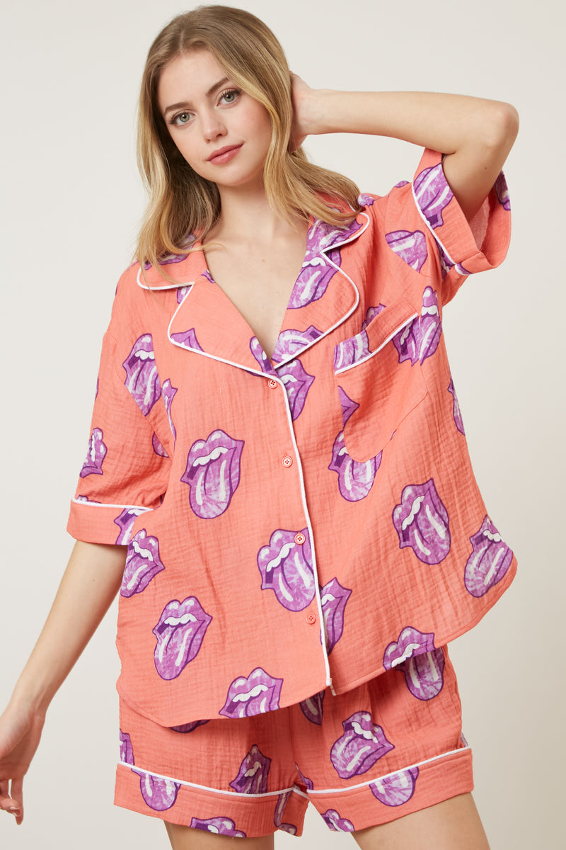 The Rolling Stones Allover Graphic Tongue Pajama Set