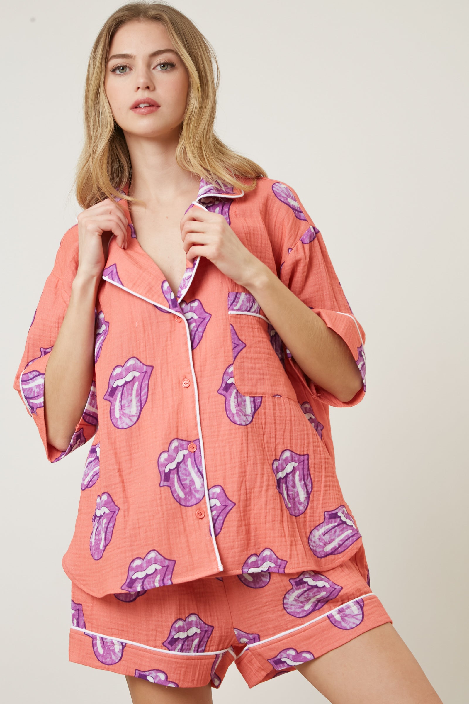 The Rolling Stones Allover Graphic Tongue Pajama Set