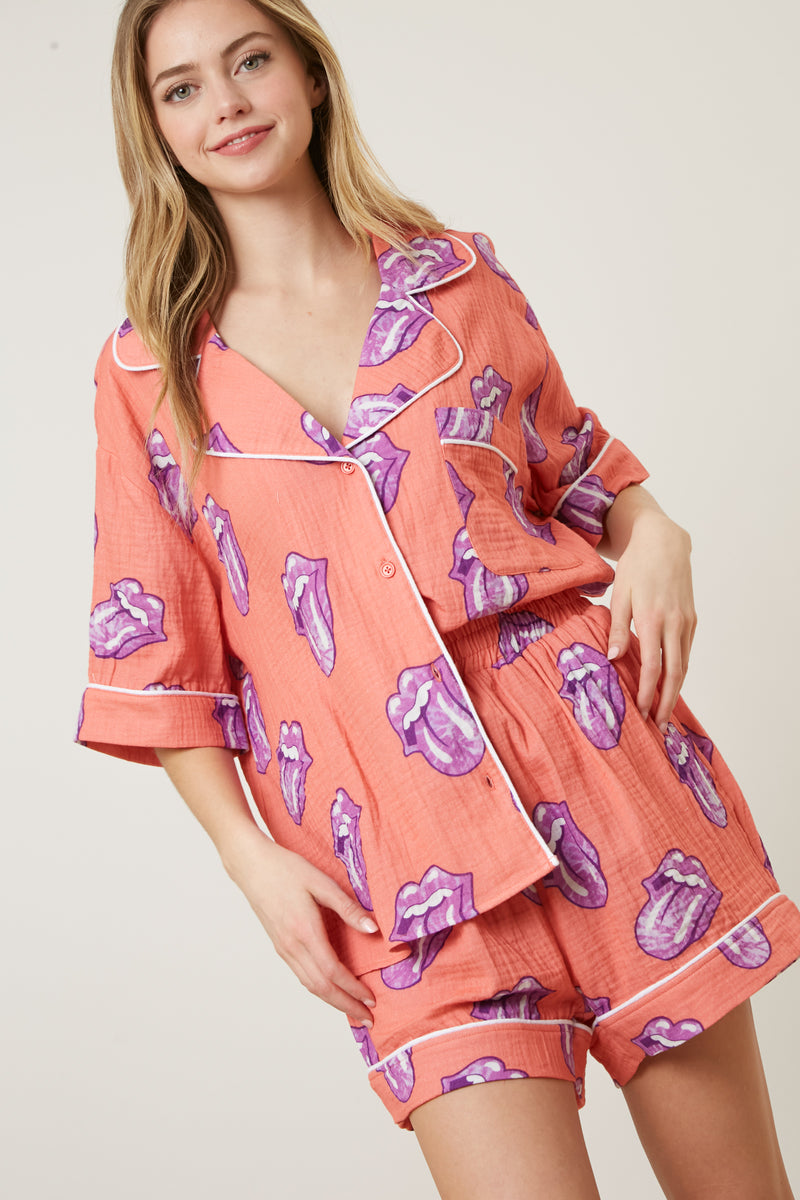 The Rolling Stones Allover Graphic Tongue Pajama Set