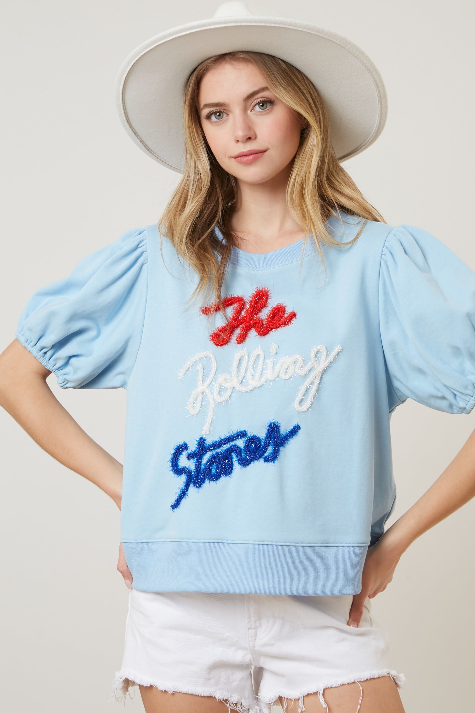 The Rolling Stones Tencel Print Puff Sleeve Knit Top