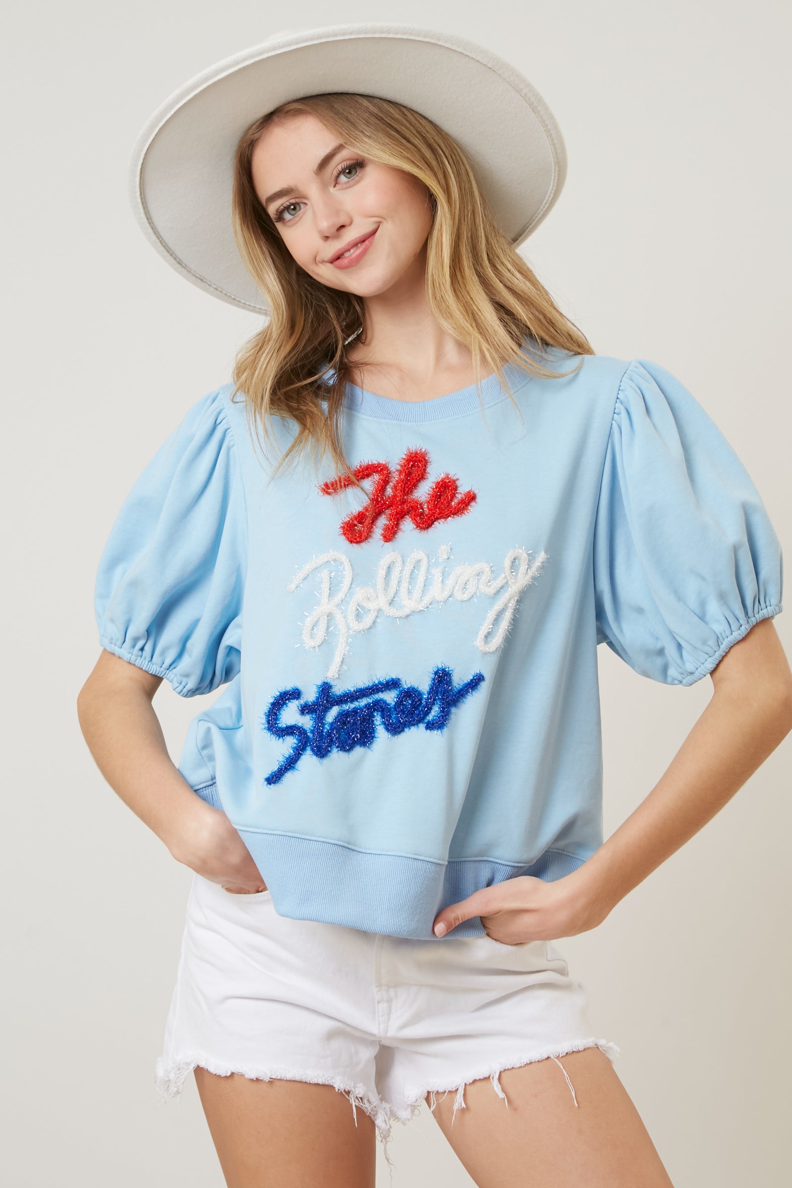 The Rolling Stones Tencel Print Puff Sleeve Knit Top