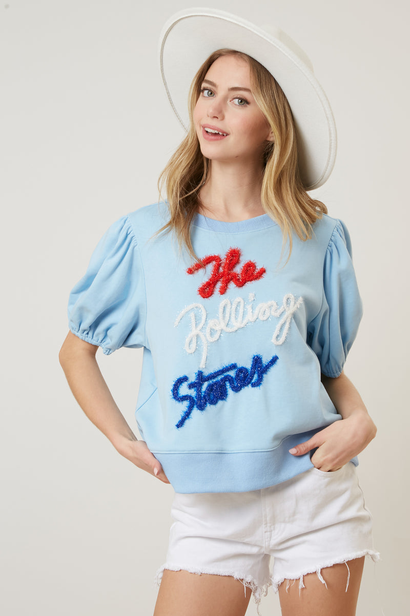 The Rolling Stones Tencel Print Puff Sleeve Knit Top