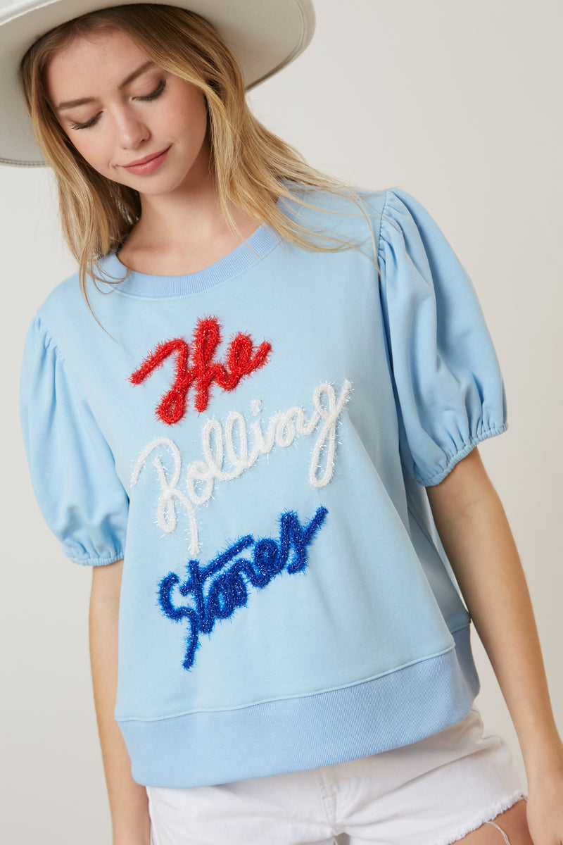 The Rolling Stones Tencel Print Puff Sleeve Knit Top