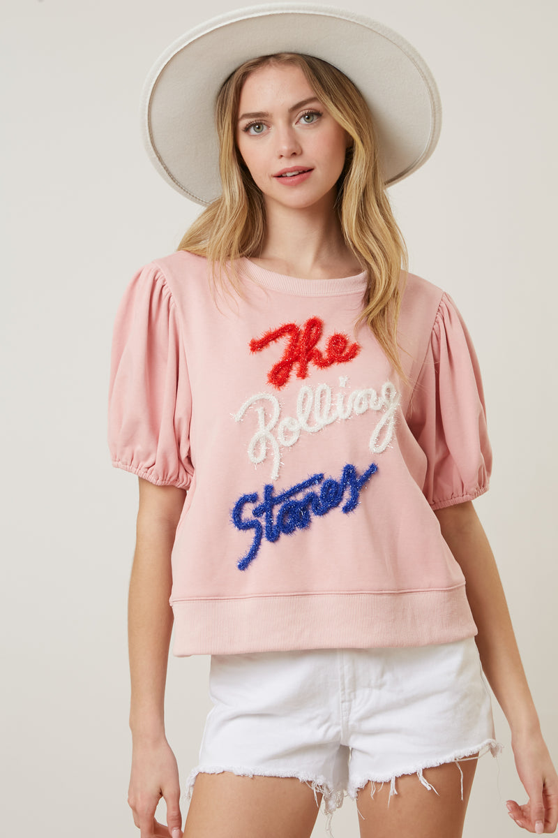 The Rolling Stones Tencel Print Puff Sleeve Knit Top