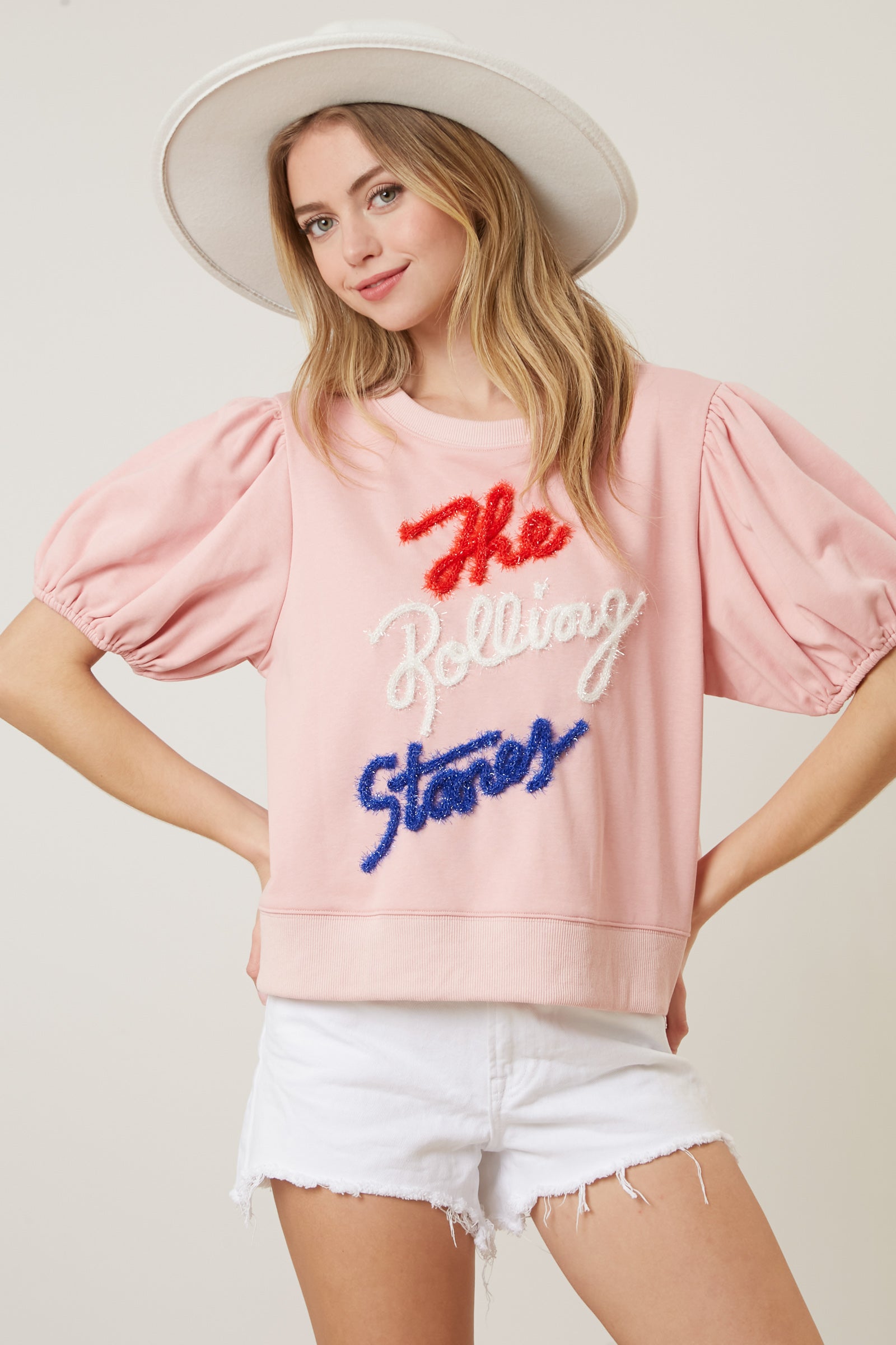 The Rolling Stones Tencel Print Puff Sleeve Knit Top