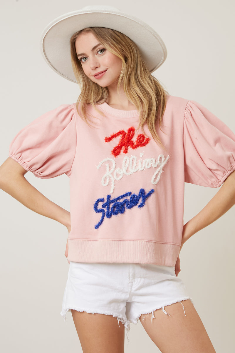 The Rolling Stones Tencel Print Puff Sleeve Knit Top